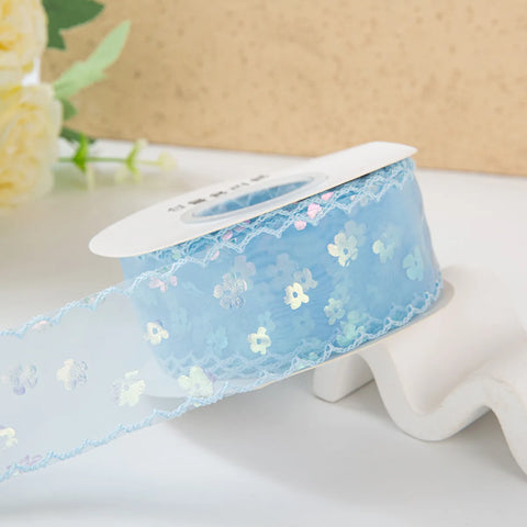 Single-Sided Satin Ribbon Roll 4 cm 1.5 Inch Sequin Small Flower Hook Edge DIY for Wedding Christmas Gift Packaging