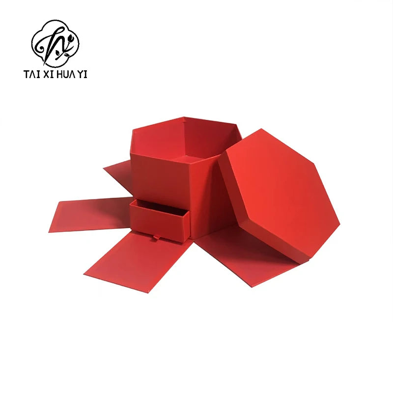 Double Layer Hexagon Flower Gift Box Cardboard Recycled Materials Embossing Printing Rigid Box Recyclable