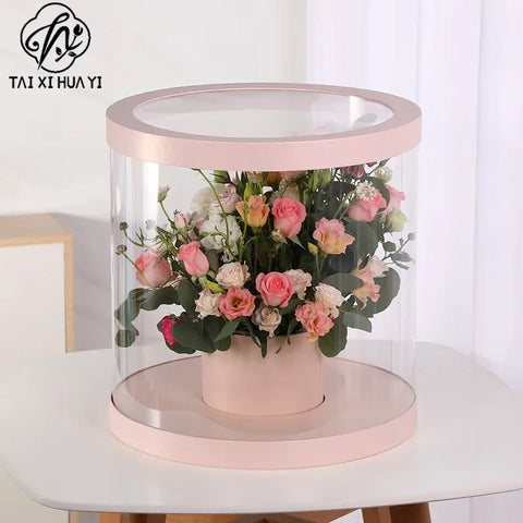 Portable Transparent Cylinder Flower Packaging Box Handle for Valentine's Day Embossed Matt Lamination Rigid Boxes for Bouquet