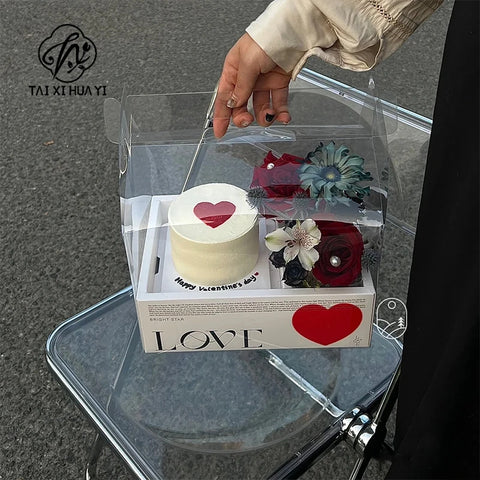 Transparent Handheld Rigid Cake Gift Box Red Qixi Design Valentine's Day Coated Paper Fruit Flower Recycled Materials Ribbon