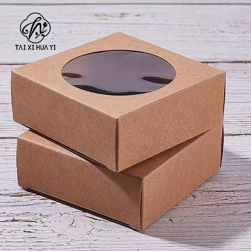 Brown Trapezoid Recyclable Eco-Friendly Gift Box Circle Transparent Window Kraft Box for Soap Party Jewelry Packaging Wholesale