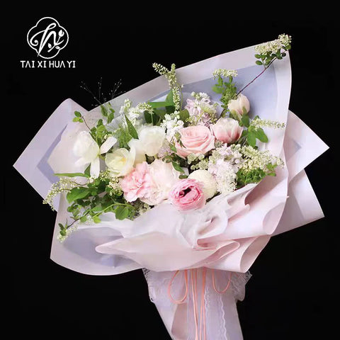 Mother's Day Wedding Graduation Anniversary Birthday Bouquet Waterproof Plastic Wrapped with Art Paper by Florist