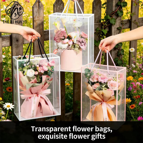 Customized Transparent PP Flower Bag Transparent Flowers Packing Bag Portable Pp Material Tote Bag