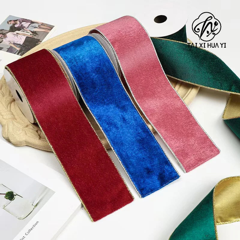 Gordon RibbonsWired Christmas Wedding Velvet Ribbon Exquisite Gold Edge Eco-Friendly Durable Luxury Metallic Ribbon for รูปสินค้าหลัก