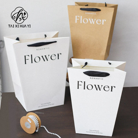 Classic Trapezoidal White and Kraft Paper Bag for Flower Bouquet Valentine's Day Gift with Ribbon Accessory