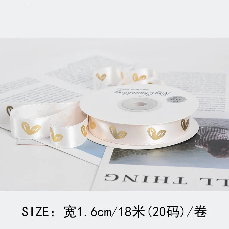Gold Foil Heart Satin Ribbon Roll DIY Polyester Valentine's Day Christmas Gift Decoration Baking Flower Packaging