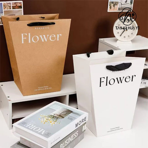 Classic Trapezoidal White and Kraft Paper Bag for Flower Bouquet Valentine's Day Gift with Ribbon Accessory