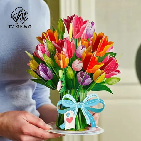 Customized 3D Colorful Birthday & Mother's Day Flower Rose Art Paper Eco-friendly Greeting Card