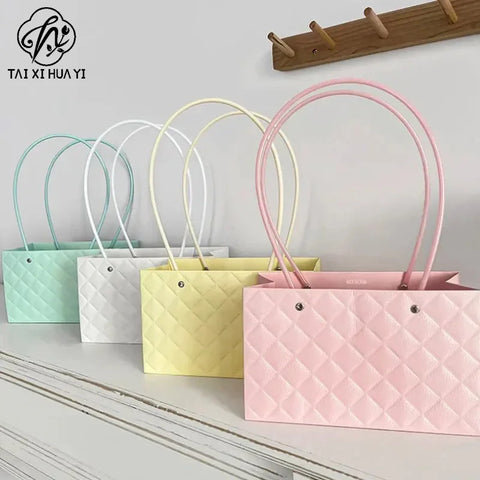 Macaron-Colored Rectangular Tote Single-Sided PE Coating Waterproof Diamond Embossed Flower Craft Paper Packaging Box