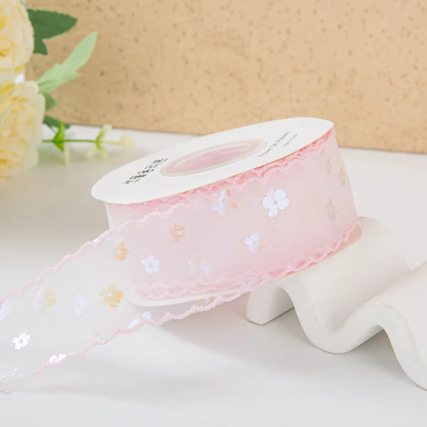 Single-Sided Satin Ribbon Roll 4 cm 1.5 Inch Sequin Small Flower Hook Edge DIY for Wedding Christmas Gift Packaging