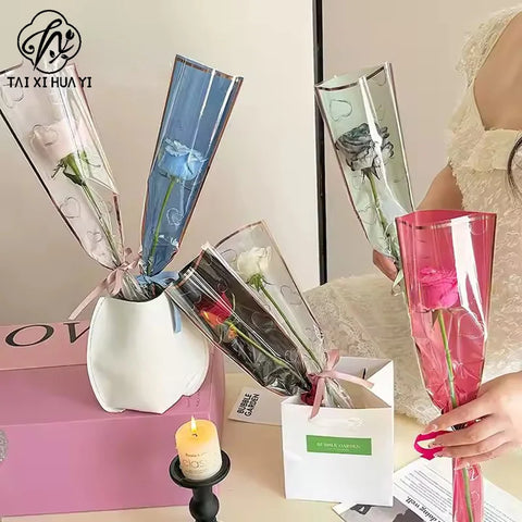 Transparent OPP Fresh Floral Packaging for Florists Elegant Heart Pattern Single Rose Flower Bag