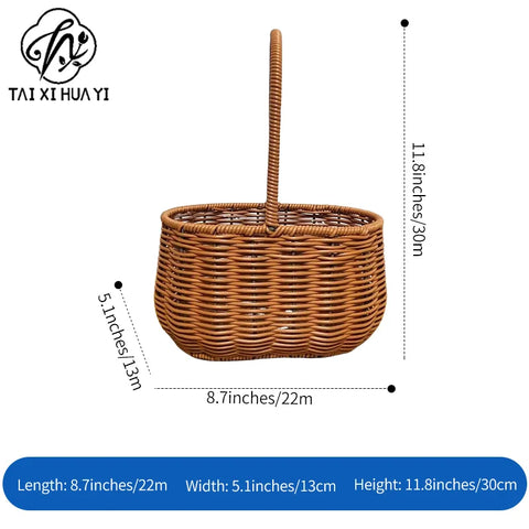 Plastic Wicker Picnic Basket with Handle for Home Outdoor Use Hand-Woven Straw Flower Basket for Gifts