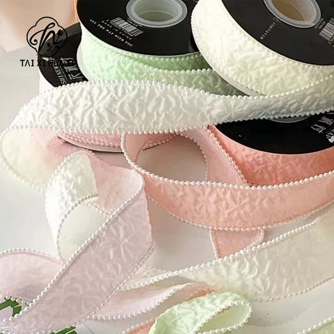 Luxury Pearl Pleated Ribbon for Birthday Wedding Christmas Valentine's Day DIY Packaging Baking Decorations for Bunches Bouquets