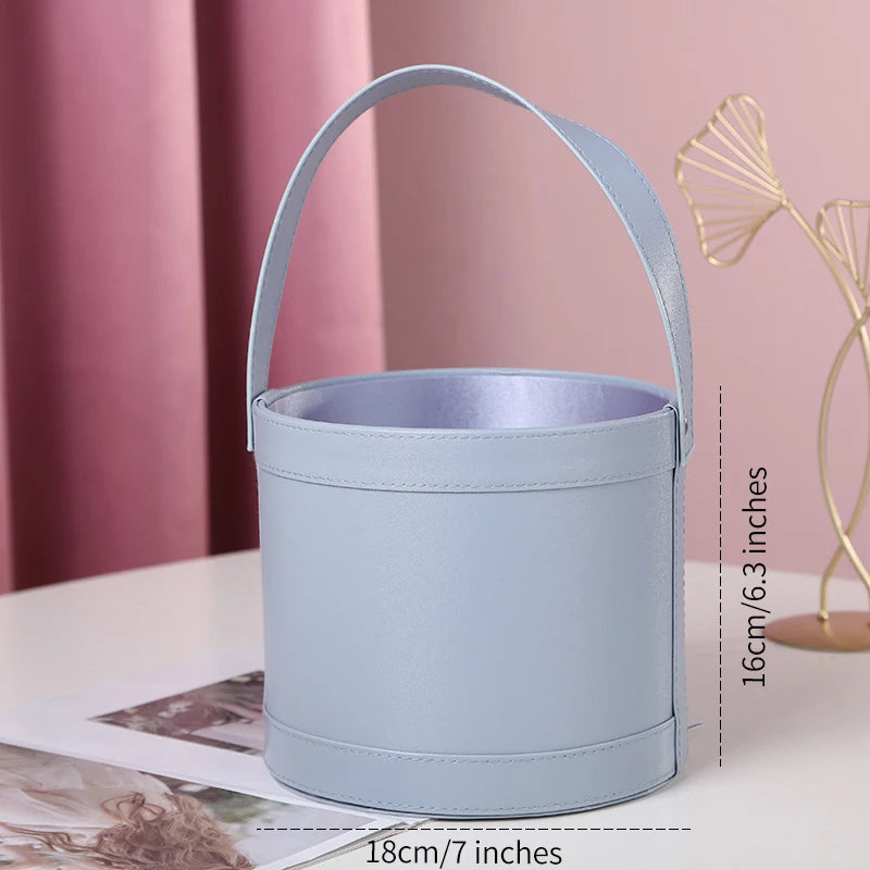 Korean Flower Arrangement Handheld Leather Round Gift Box Qixi Rose Bouquet for Cosmetic Use Handmade Round Hand Holding Bucket