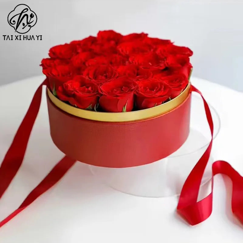 Round Cylinder Rose Flower Gift Box with UV Coating and Transparent Lid for Valentine's Day Fresh Flower Packaging