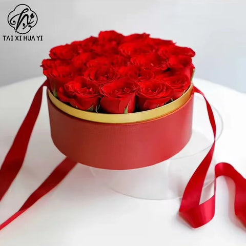 Round Cylinder Rose Flower Gift Box with UV Coating and Transparent Lid for Valentine's Day Fresh Flower Packaging