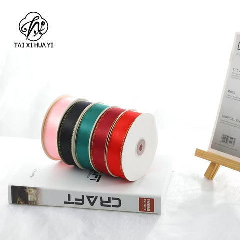 High Quality Polyester Satin Ribbon Gold Edge Floral Design for Wedding Birthday Flower Cake Gift Packaging Christmas