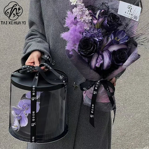 Customized Modern Luxury Transparent Flower Boxes for Valentine's Day Portable Rigid Boxes Handle Embossing Matt Lamination
