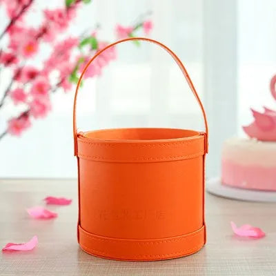 Korean Flower Arrangement Handheld Leather Round Gift Box Qixi Rose Bouquet for Cosmetic Use Handmade Round Hand Holding Bucket