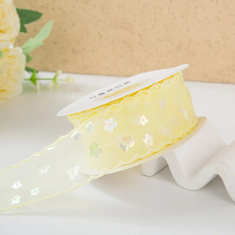 Single-Sided Satin Ribbon Roll 4 cm 1.5 Inch Sequin Small Flower Hook Edge DIY for Wedding Christmas Gift Packaging