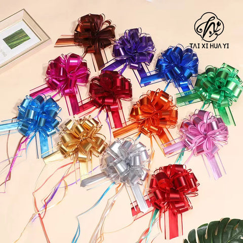 Matte Metallic Organza Pom Pom Pull Bows Floral Gift Wrapping Ribbon for Christmas Weddings Birthdays and Valentine's Day