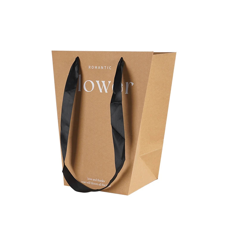Classic Trapezoidal White and Kraft Paper Bag for Flower Bouquet Valentine's Day Gift with Ribbon Accessory
