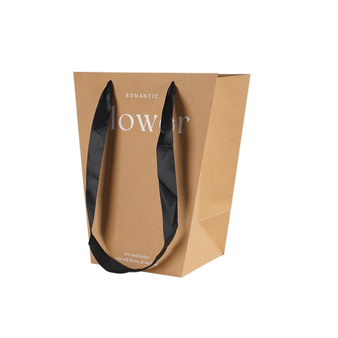 Classic Trapezoidal White and Kraft Paper Bag for Flower Bouquet Valentine's Day Gift with Ribbon Accessory