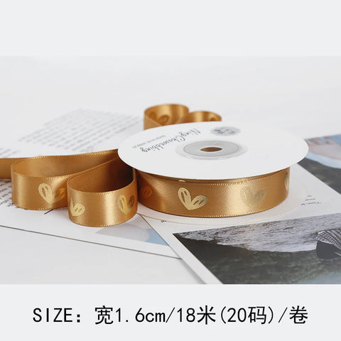 Gold Foil Heart Satin Ribbon Roll DIY Polyester Valentine's Day Christmas Gift Decoration Baking Flower Packaging