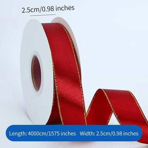 High Quality Polyester Satin Ribbon Gold Edge Floral Design for Wedding Birthday Flower Cake Gift Packaging Christmas