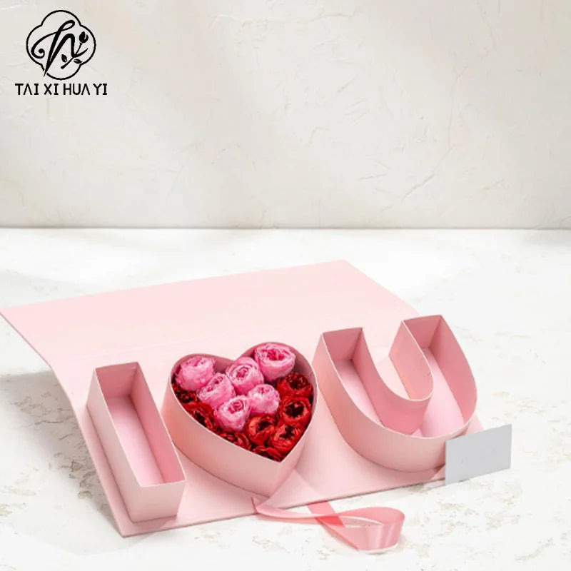 Floral Cardboard Gift Box Coated Paper with Eternal Rose Flowers Heart Unique Eco-Friendly Recycled Materials for Mother's Day รูปสินค้ารอง