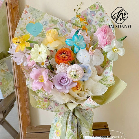 90g Virgin Pulp Art Paper 37*52cm Floral Supplies with Flower Printing PE Coating for Wrapping Bouquets