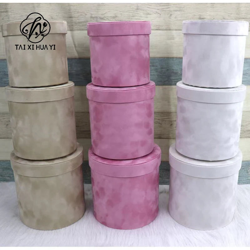 Factory Direct Sales Modern Luxury Wedding Gift Box Cylinder Velvet Flower Bucket Three-Piece Hug Bucket Cardboard + Velvet รูปสินค้าหลัก