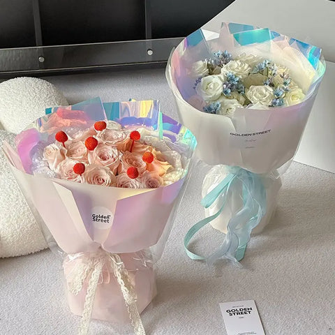 New Fashion Macaron Colorful Flower Packaging Paper Magical Light Waterproof Single-Sided Coating Colorful Film Wrapping Paper