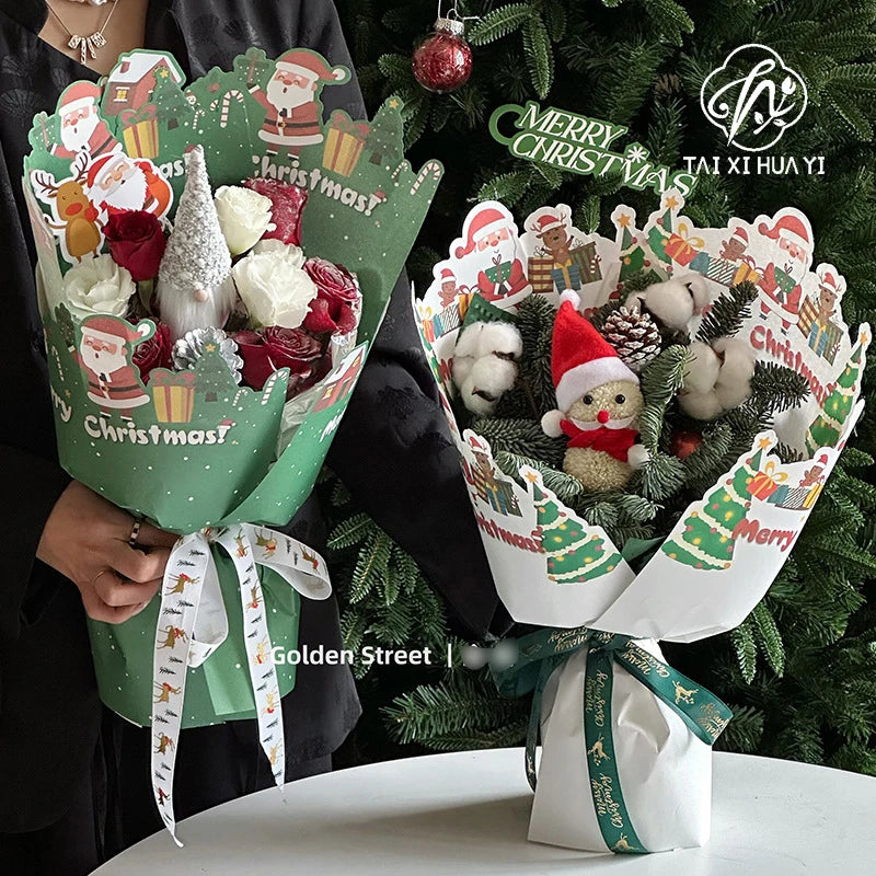 Christmas Floral and Snowman-themed Gift Wrapping Paper PE Coated 'Christmas Eve' for Apple Bouquet Wrap