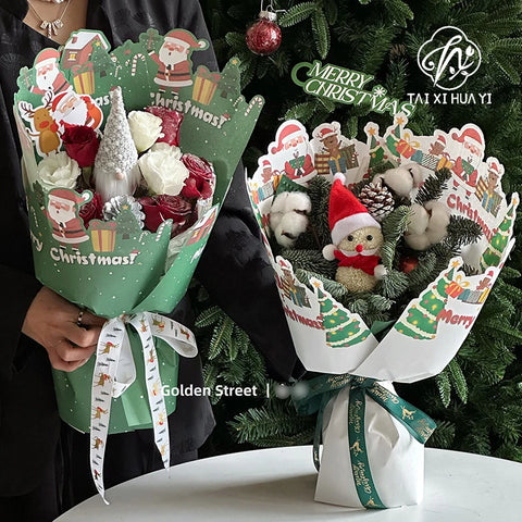 Christmas Floral and Snowman-themed Gift Wrapping Paper PE Coated 'Christmas Eve' for Apple Bouquet Wrap
