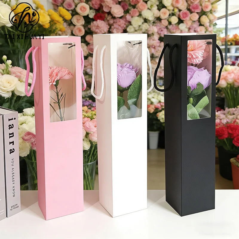 Disposable Solid Color Single Rose Gift Bag Transparent Window Square Matte Laminated Paperboard Folders Custom Logo Bouquet Main image