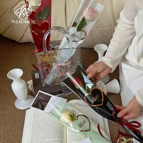 Transparent OPP Heart Pattern Soft Translucent Stretch Film Bouquet Bag Moisture-Proof Floral Shop Single Rose Packaging Plastic