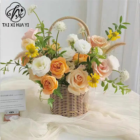 Portable Outdoor Picnic Basket Home Decorative Storage Woven Flower Pot Hand-Held Rattan Wicker Accompanying Floral Gift Basket
