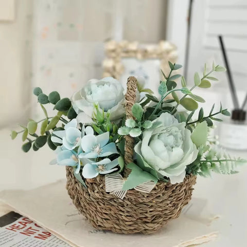 Handwoven Eco-friendly Peony Eucalyptus Flower Basket Small Bonsai Storage Ornament Home Decorative Craft
