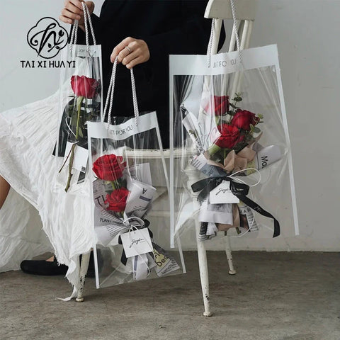 Internet Celebrity Transparent Flower Bag PE Coating Mother's Day Bouquet Tote Flower Shop Supply Perfect Accompanying Gift Bag
