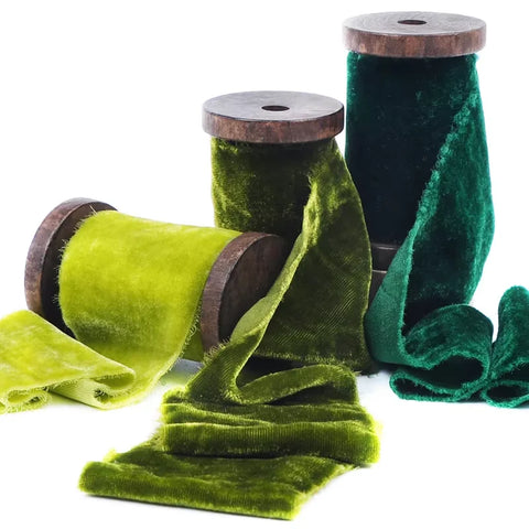 Handmade Custom Green Velvet Silk Ribbon with Fray Edge Luxury Raw Edge for Christmas and Wedding Occasions