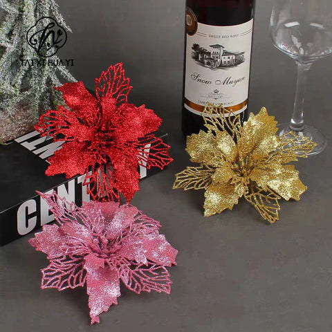 Glitter Hollow Plastic Artificial Flowers Various Colors for Christmas Tree Decorations DIY Party Ornaments
