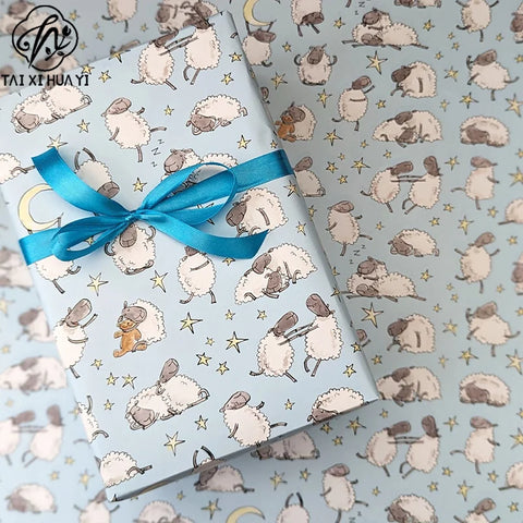 Cute Sheep Night Sky Eco-Friendly Craft Paper Wrapping Custom Printed Cartoon Lamb & Star Moon Gift Wrap for Baby Shower