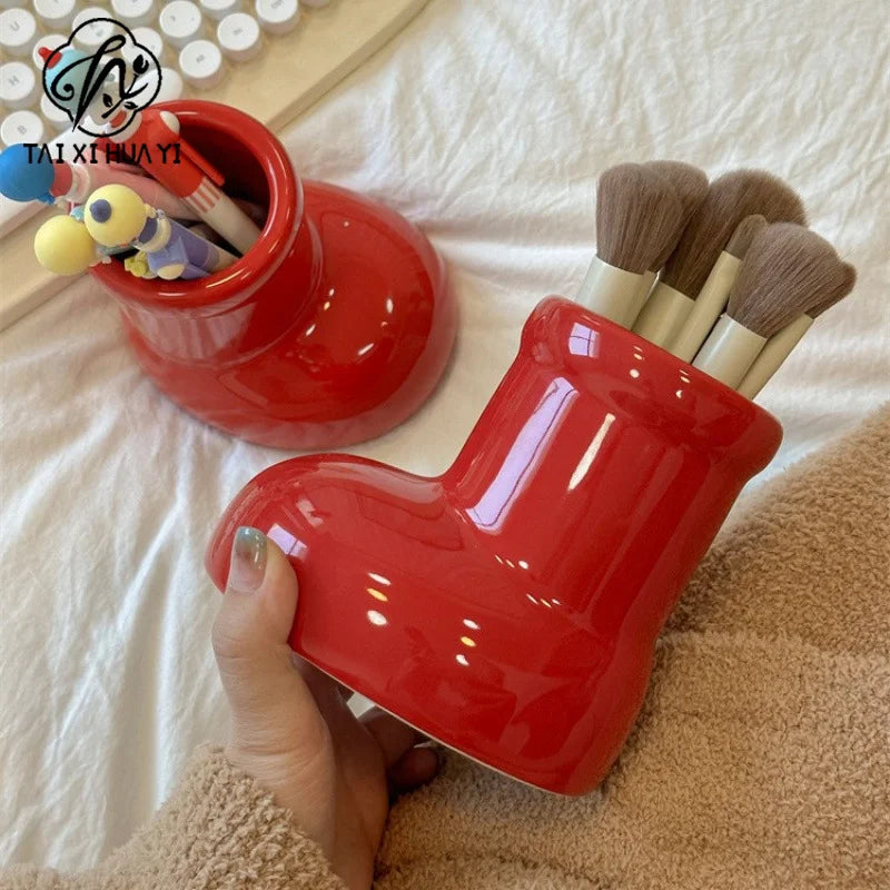 Christmas Ceramic Red Shoes Vase Home Decor Pen and Pencil Holder in the Shape of Red Boots for Holiday Packaging & Printing