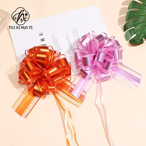 Matte Metallic Organza Pom Pom Pull Bows Floral Gift Wrapping Ribbon for Christmas Weddings Birthdays and Valentine's Day