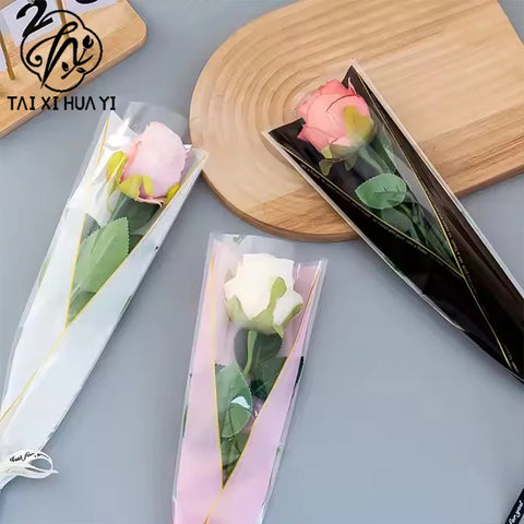 Custom Single Rose Flower Wrap Recyclable OPP Plastic Bag Waterproof Fresh Flower Bouquet Packaging Sleeve Eco-Friendly Paper