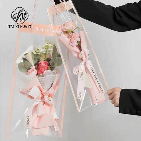 Internet Celebrity Transparent Flower Bag PE Coating Mother's Day Bouquet Tote Flower Shop Supply Perfect Accompanying Gift Bag