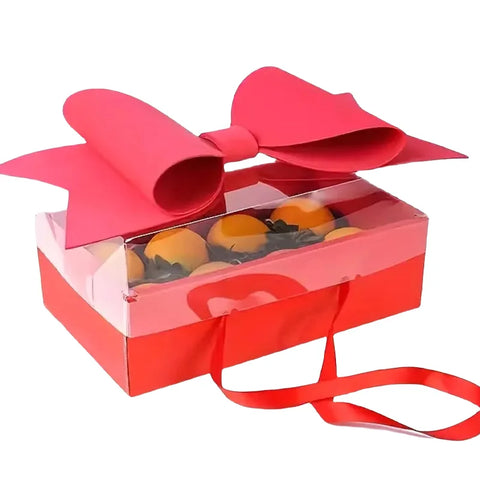Eco-Friendly Recyclable Kraft Paper Flat Fruit and Flower Gift Box with Bow Valentine's Day Rose Box Handheld Flower Cake Box