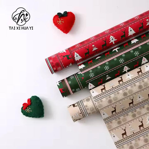 Christmas Floral Unique Gift Wrapping Paper Waterproof Reindeer Red Green Flower Patterns Single Side Coating
