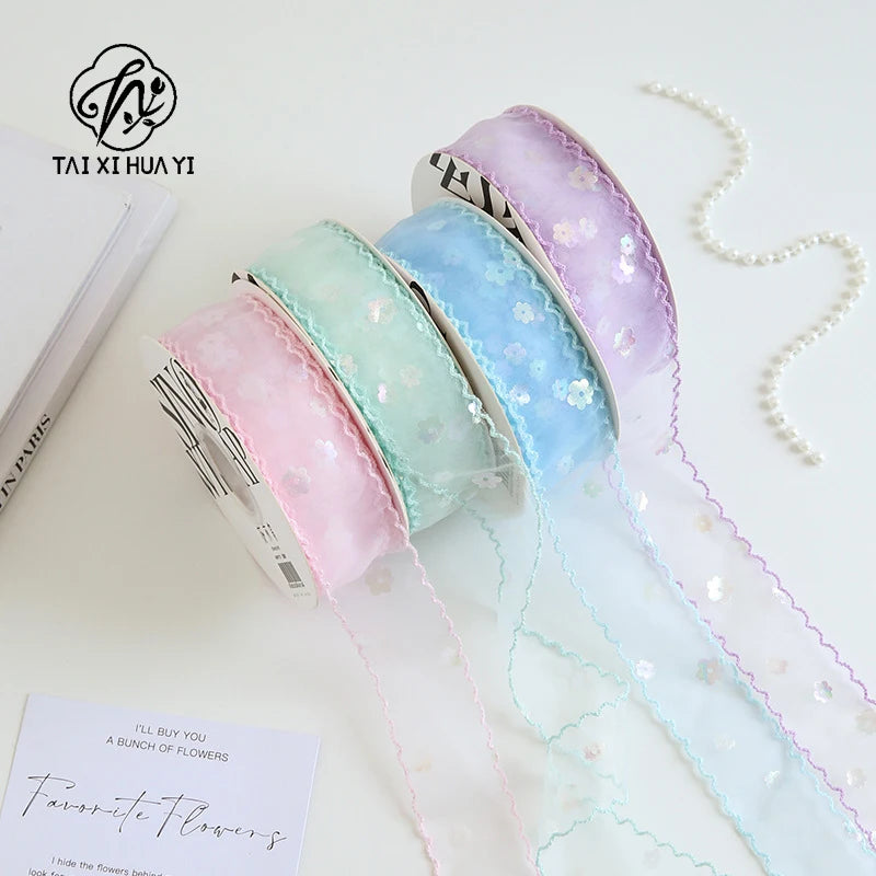 Single-Sided Satin Ribbon Roll 4 cm 1.5 Inch Sequin Small Flower Hook Edge DIY for Wedding Christmas Gift Packaging